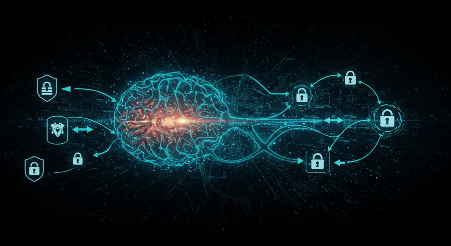 Abstract representation of neuromorphic computing applied to cybersecurity
